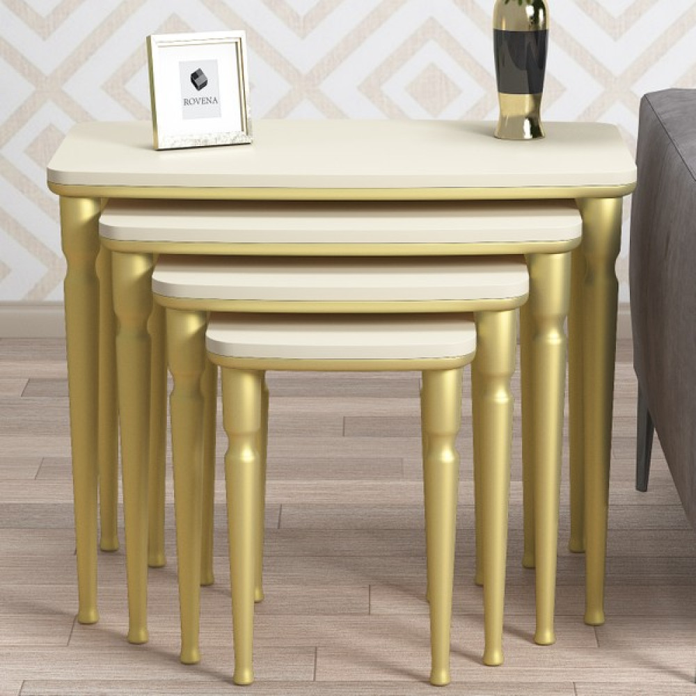 Rovena Rolls Mdf ve Lake Boya, Krem-Gold 4lü Zigon Sehpa Takımı, Gold Gürgen Ayaklar - Sehpalar Krem Ayaklar Gold Zigon Sehpa Fiyatı