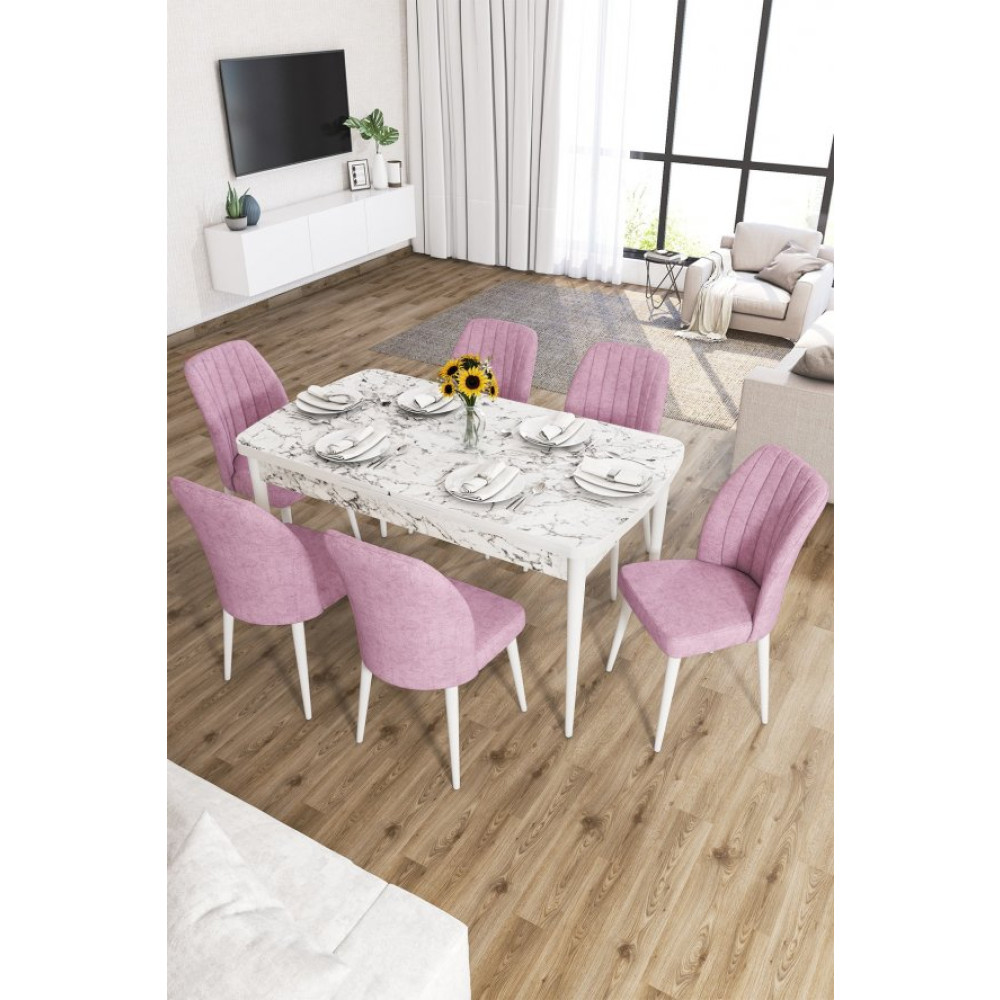 Rovena Zayn Beyaz Mermer Desen 80X132 Acilir Yemek Odasi Takimi 6 Sandalye Yemek Odası Takımı / Seti Fiyatı