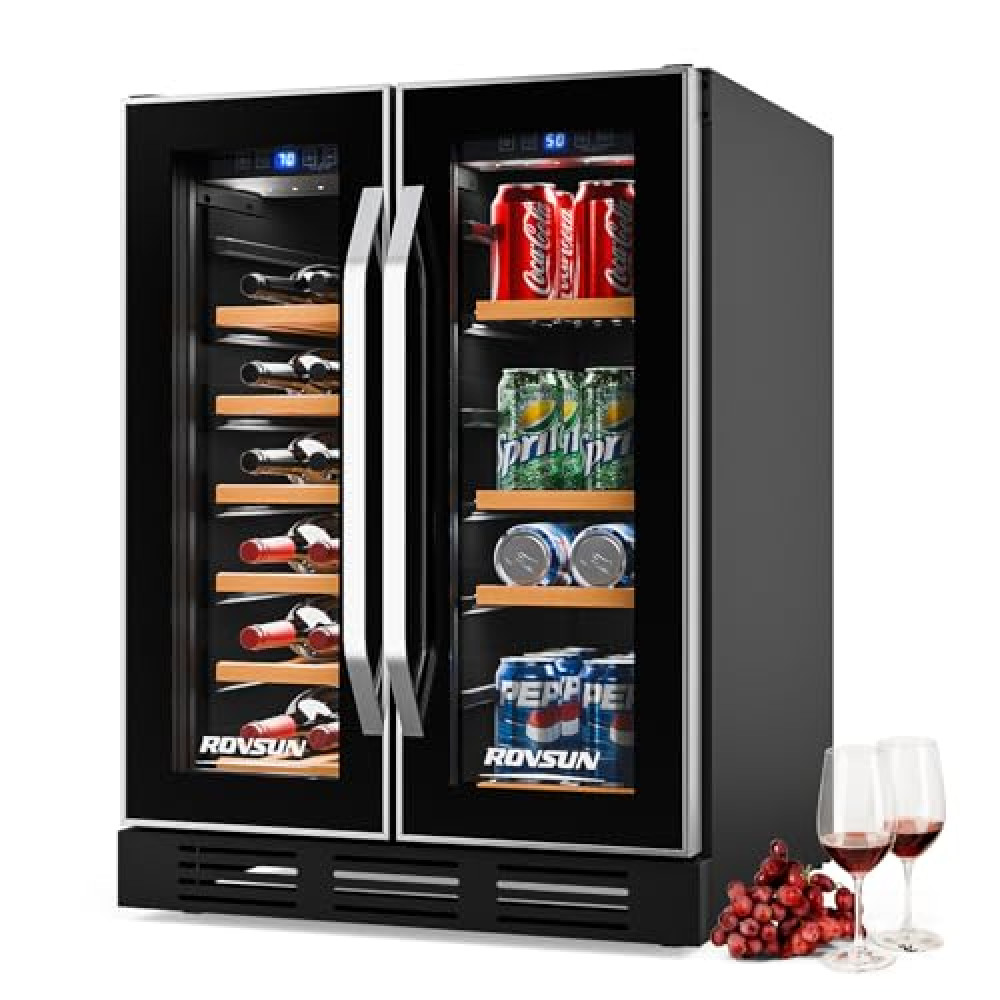 ROVSUN Dual Zone Wine and Beverage Refrigerator, 34 Bottle Wine Fridge with 2 Glass Door & Digital Temperature Control, Built-in/Freestanding/Under Counter Wine Cooler Chiller for Wine Champagne Beer
