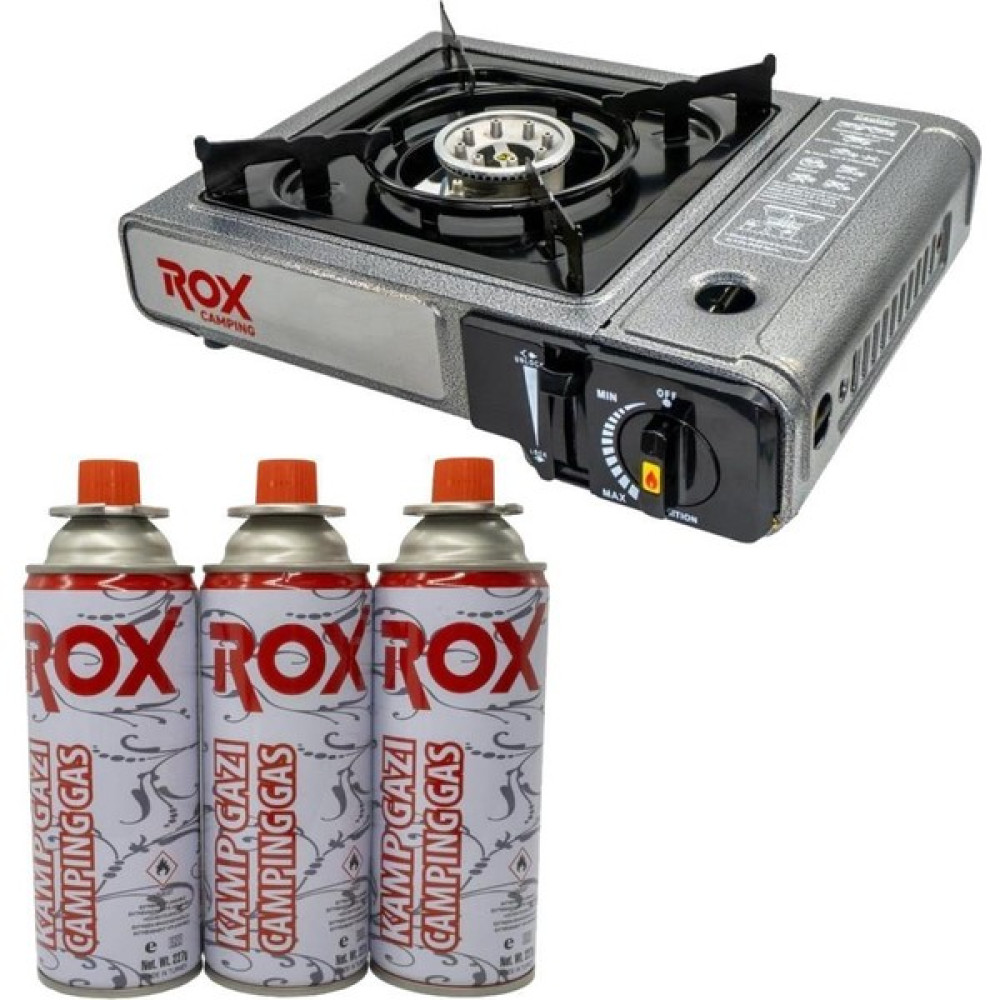 Rox Camping 0103 Tekli Portatif Kamp Ocak(Ekstra Gaz Girişli) - 3 Adet Rox Valfli Kamp Gazı Kartuş 227GR Kamp Mutfağı Fiyatı