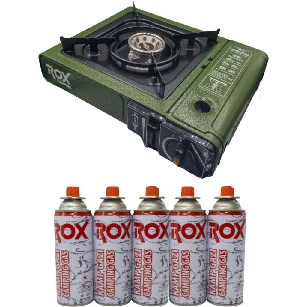 Rox Camping 0188 Tekli Portatif Kamp Ocağı Haki Yeşil, Rüzgarlıklı, Ekstra Gaz Girişli 5 Adet Gaz Kartuş Tonerler Fiyatı