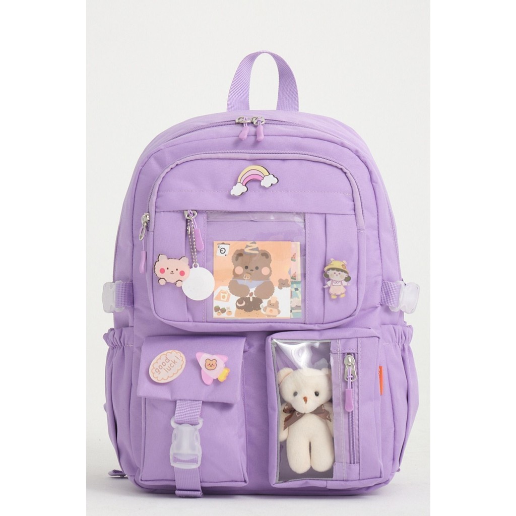 Roxbros Kawaii Kore Tarzı Okul Çantası Aksesuarlı Kız Çocuk ve Erkek Çocuk Sırt Çantası Lila Okul Çantası Fiyatı