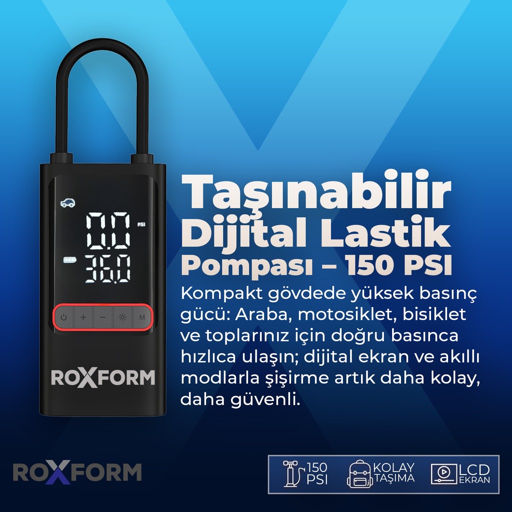 Roxform Car Air Pump – 80W Güçlü Taşınabilir Araç Lastik Şişirme Pompası | 4.000 Mah Batarya, 150 Psı Diğer Fiyatı