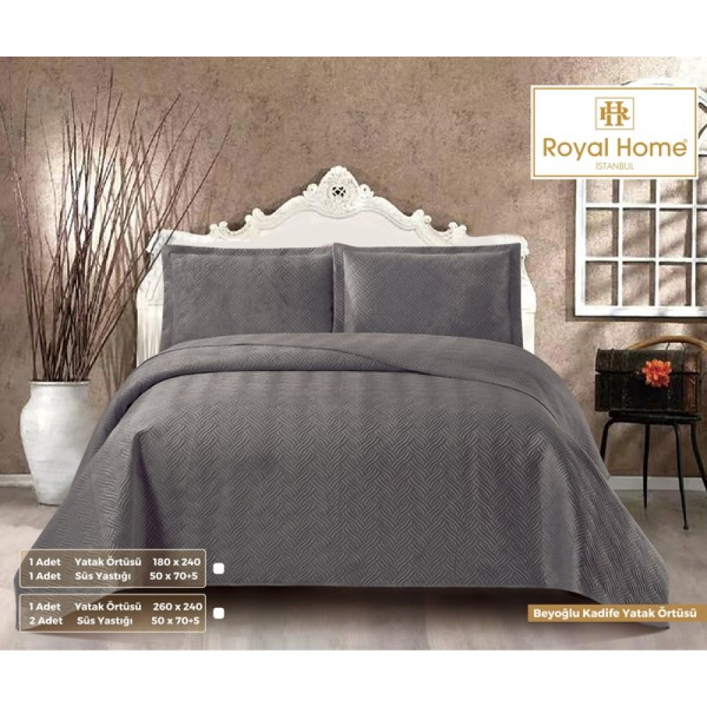 Royal Home Beyoğlu Kadife Çift Kişilik Yatak Örtüsü Seti 3 Parça Antrasit - 260 x 240 cm Yatak Örtüsü Fiyatı