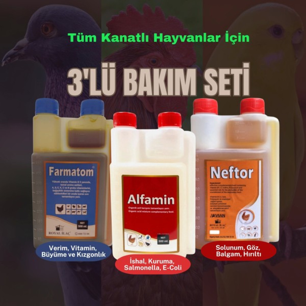 Royal İlaç Kanatlı Hayvanlar Için 500 ml Üçlü Bakım Seti (Farmatom+Neftor+Alfamin) Evcil Hayvan Ürünleri Fiyatı
