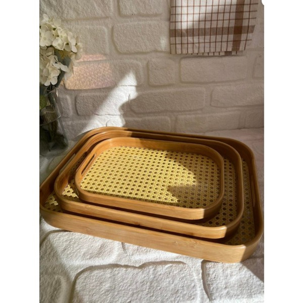 Royaleks 3'lü Bambu Hazeran Dikdörtgen Tepsi 32,5X22 - 39,50X28 - 46X33 cm Servis Tepsisi Fiyatı