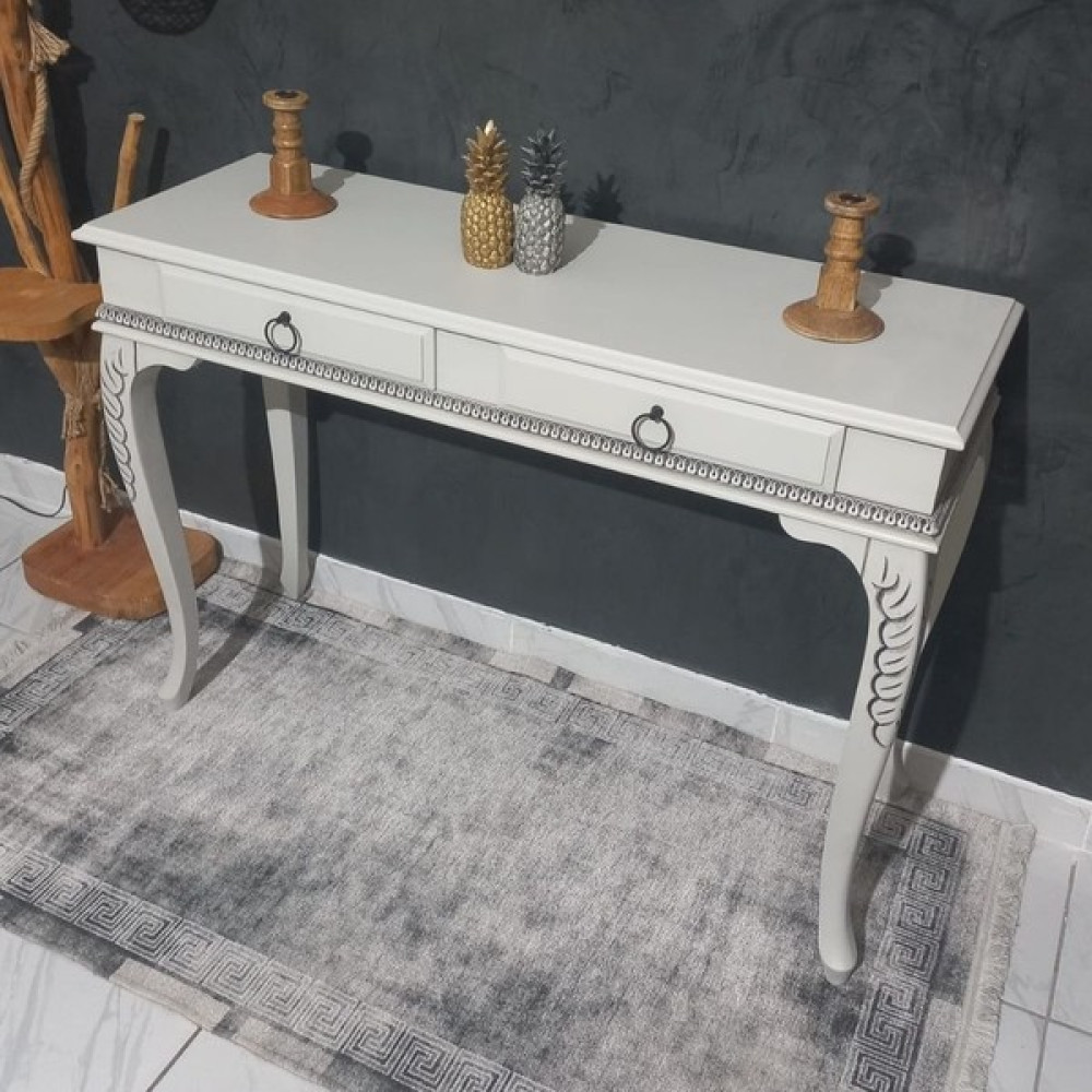 Roys Ahşap 9002 White Grey 120 cm Eskitme Oymalı Çekmeceli Ahşap Dresuar Dresuar / Makyaj Masası Fiyatı