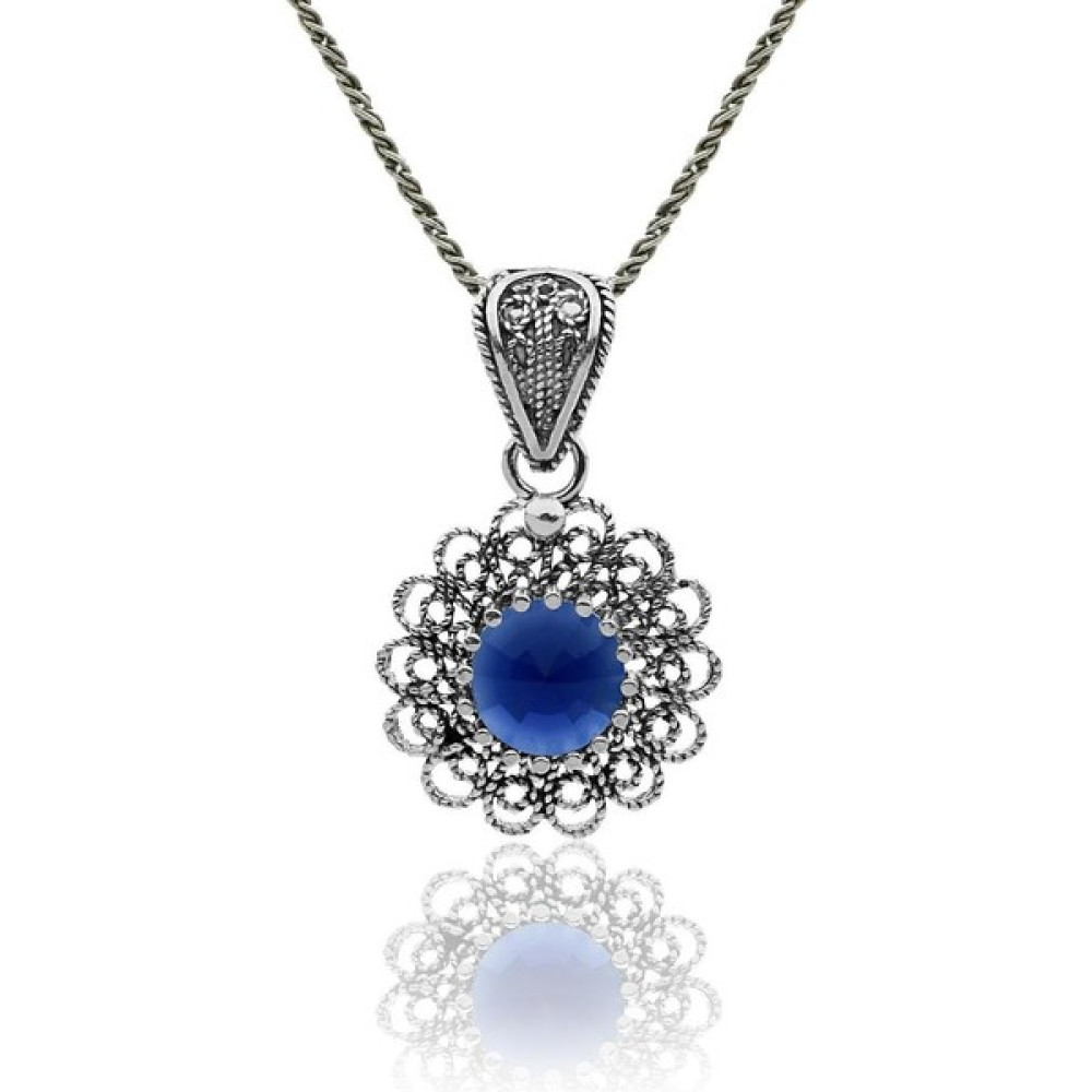Roza Silver Aralık Mavi Topaz Doğum Taşı Çiçek Motifli Telkari Gümüş Kolye - Standart - 45 cm Gümüş Kolye Fiyatı