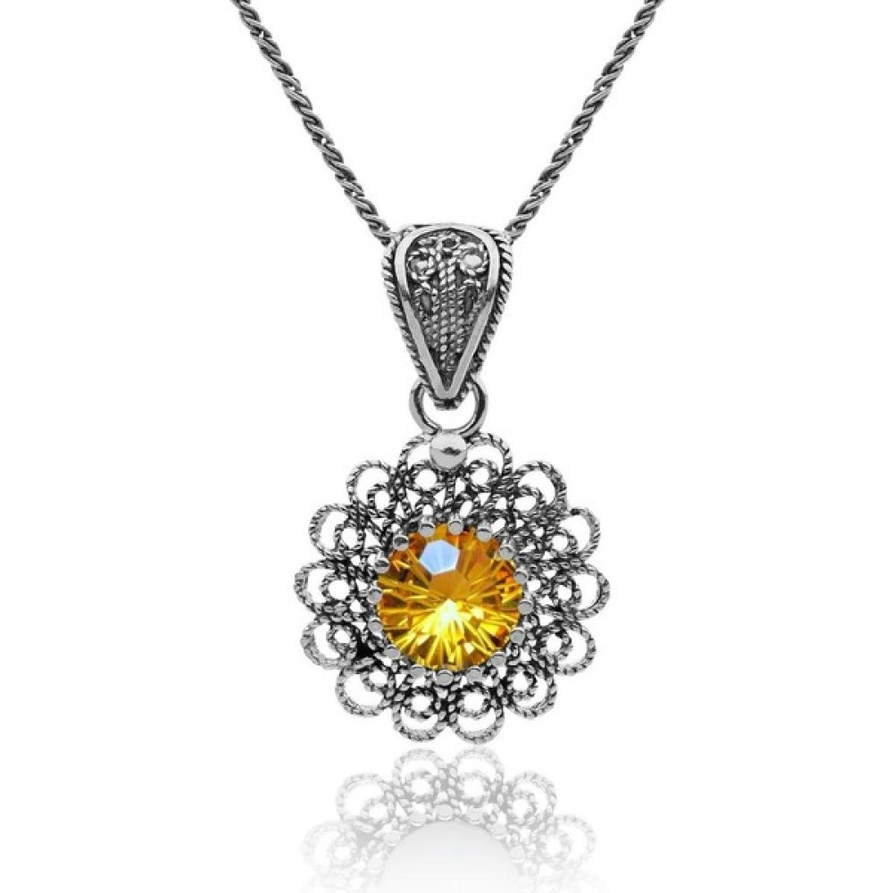 Roza Silver Kasım Sitrin Doğum Taşı Çiçek Motifli Telkari Gümüş Kolye - Standart - 45 cm Gümüş Kolye Fiyatı