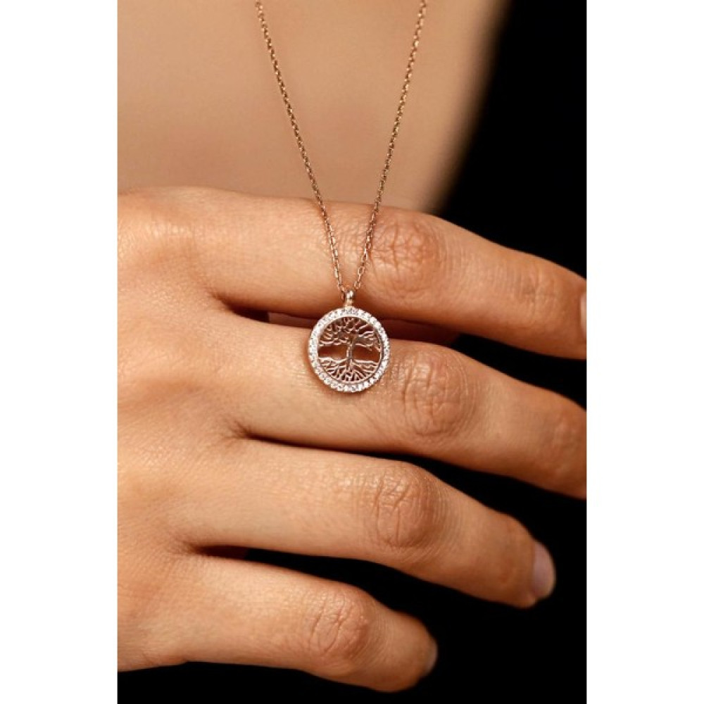 Roza Silver Zirkon Taşlı Rose Yaşam Ağacı Gümüş Kolye - Standart - 45 cm Gümüş Kolye Fiyatı