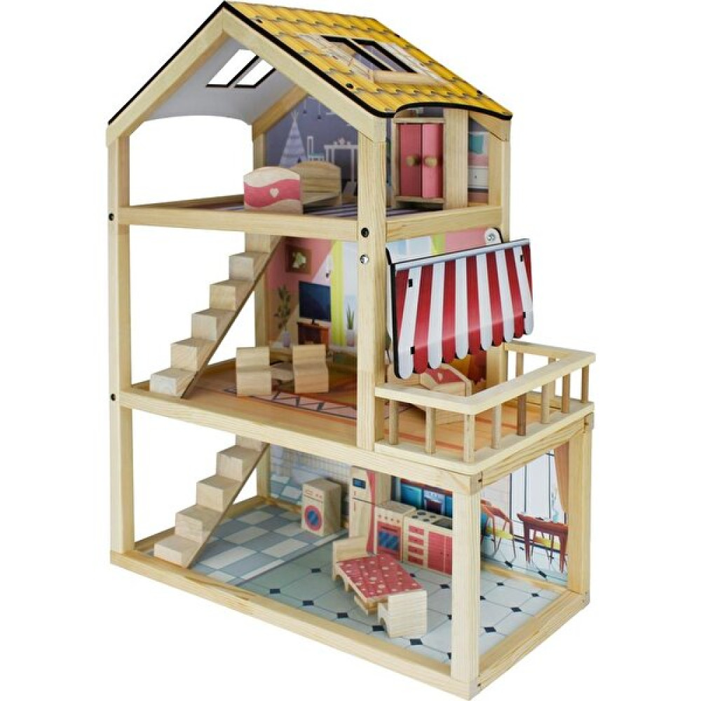 Rozi Toys EV17 Doğal Ağaç Çocuk Oyun Evi - Ahşap Desenli Bebek Oyuncakları Fiyatı