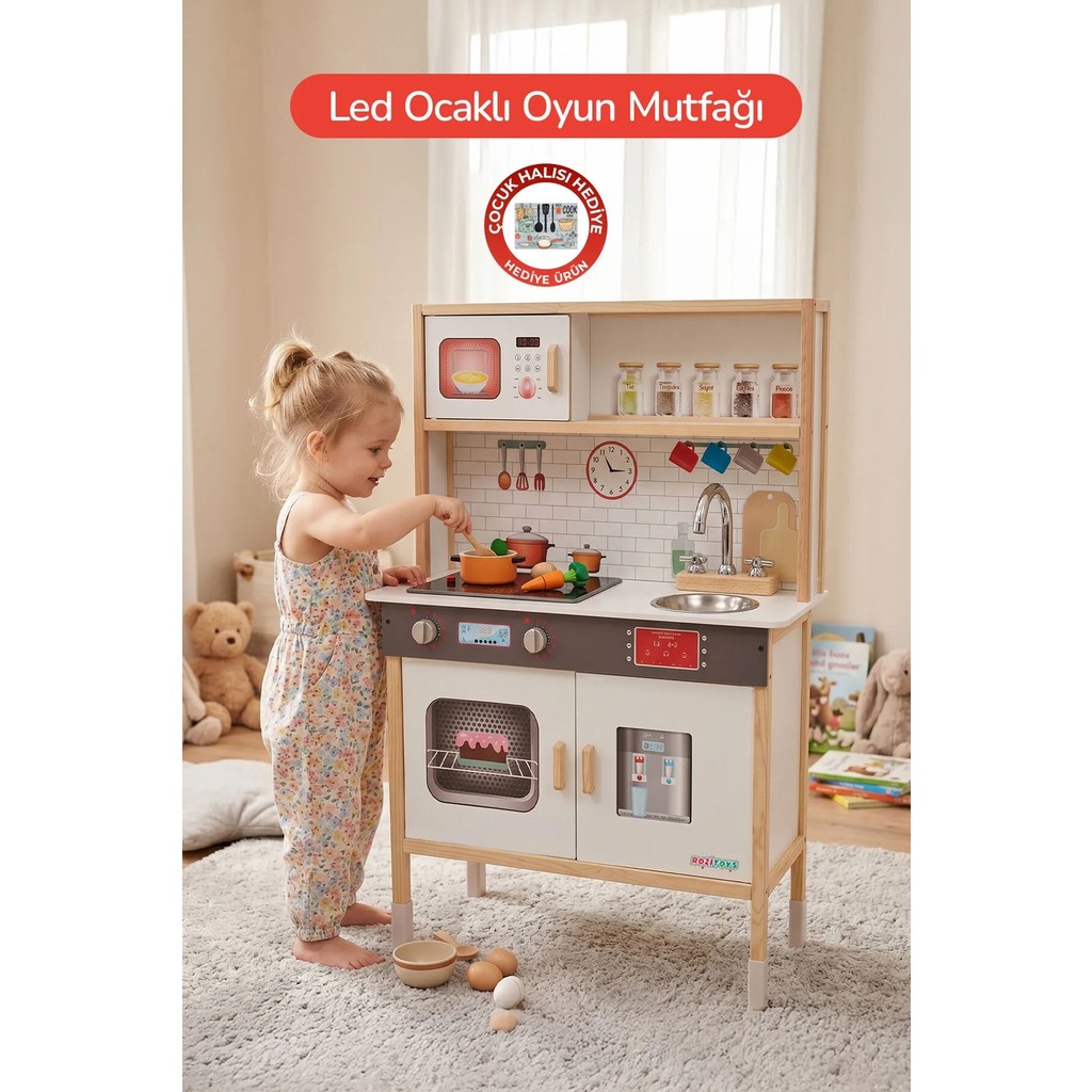 Rozitoys Ahşap Oyuncak Mutfak Montessori Mutfak, Led Ocaklı Çocuk Mutfağı, Hediye Halı DBK101 - Kırmızı Anne Bebek Oyuncak Fiyatı
