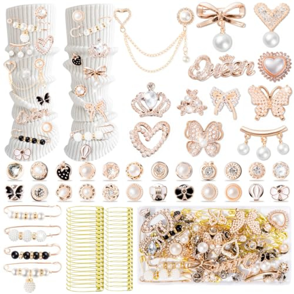 RQAYE 80pcs Junk Socks Charms Kit, Brooches and Pins for Women,Shoe Charms,Junk Charms for Socks,Shoe Charms for Sneakers, Charms for Socks Safety Pin,Brooches for Women