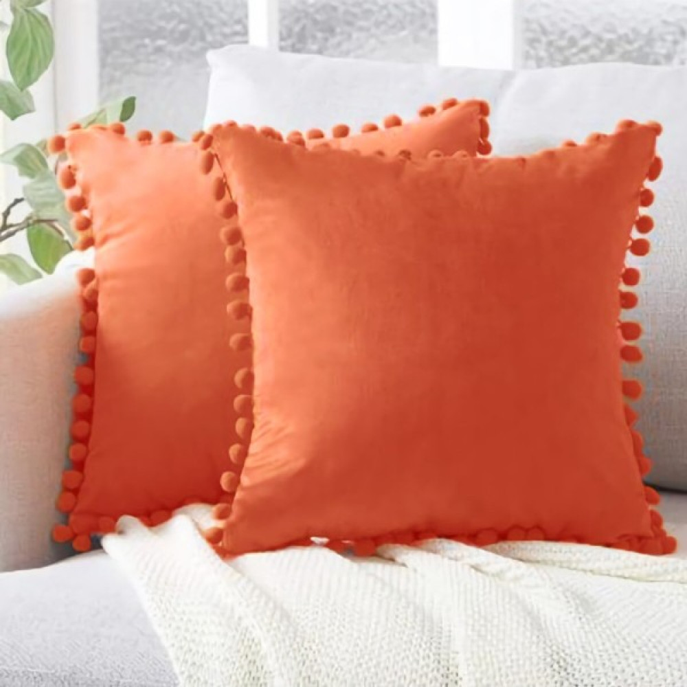 Rudy 2'li Minik Ponponlu Kırlent Kılıfı Kadife Görünümlü Sade - 32 x 52 cm - Kiremit Kırlent / Mobilya Yastığı Fiyatı