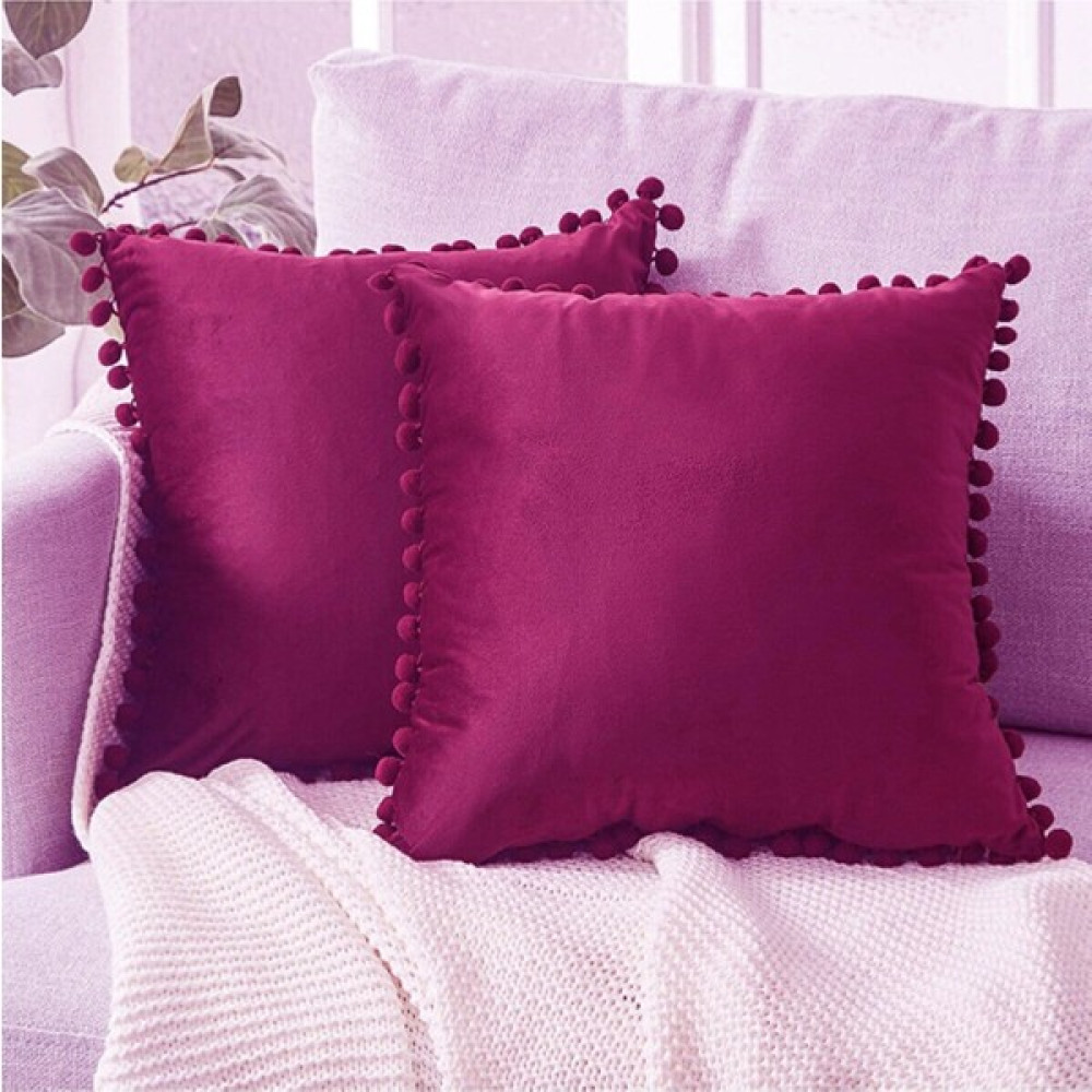 Rudy 2'li Minik Ponponlu Kırlent Kılıfı Kadife Görünümlü Sade - 32 x 52 cm - Mürdüm Kırlent / Mobilya Yastığı Fiyatı