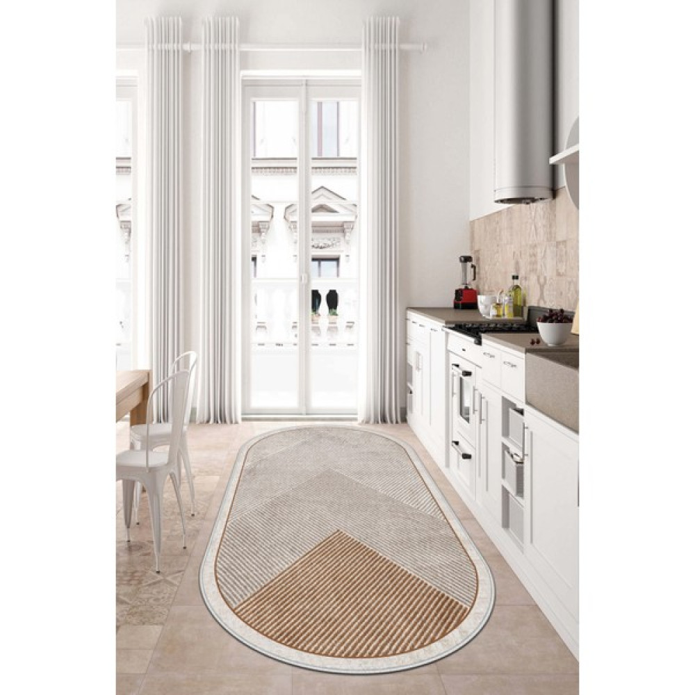 Ruglod Dijital Baskı Makinede Yıkanabilir Kaymaz Taban Leke Tutmaz Oval Salon Halısı Mutfak Halısı ve Yolluk - 40 x 60 cm - Kahverengi - Bej Salon Halısı Fiyatı