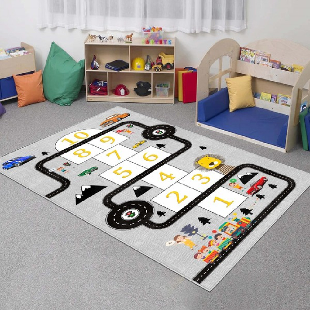 Ruglod Makinede Yıkanabilir Kaymaz Taban Leke Tutmaz Antialarjik Yol Desenli Çocuk Odası Halısı Oyun Matı - 100 x 300 cm - Gri Bebek Odası Halı Fiyatı