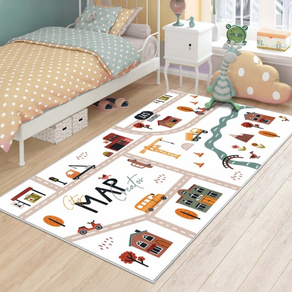 Ruglod Makinede Yıkanabilir Kaymaz Taban Leke Tutmaz Antialarjik Yol Desenli Çocuk Odası Halısı Oyun Matı - 160 x 230 cm - Beyaz Bebek Odası Halı Fiyatı
