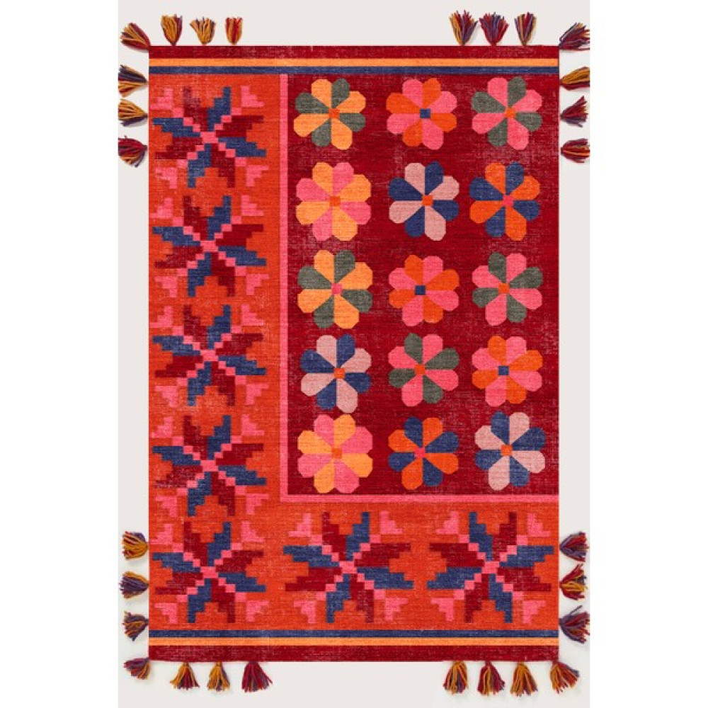 Rugs Modern Mira 567 Etnik Çiçek Temalı Saçaklı Etnik Dokuma Taban Kilim - Taba - 100 x 250 cm Salon Halısı Fiyatı