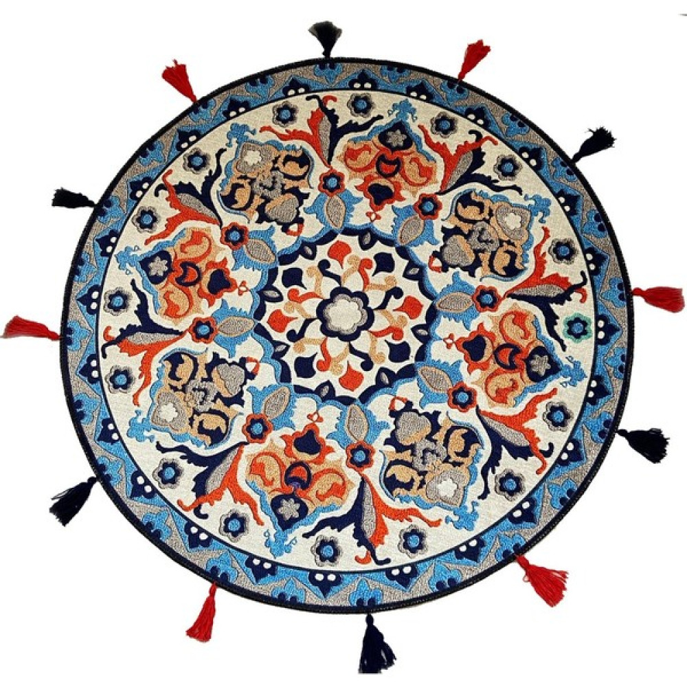 Rugs Modern Suzani Blue 601 Etnik ve Çini Desen Yuvarlak Püsküllü Halı - 100 x 100 cm - Renkli Salon Halısı Fiyatı