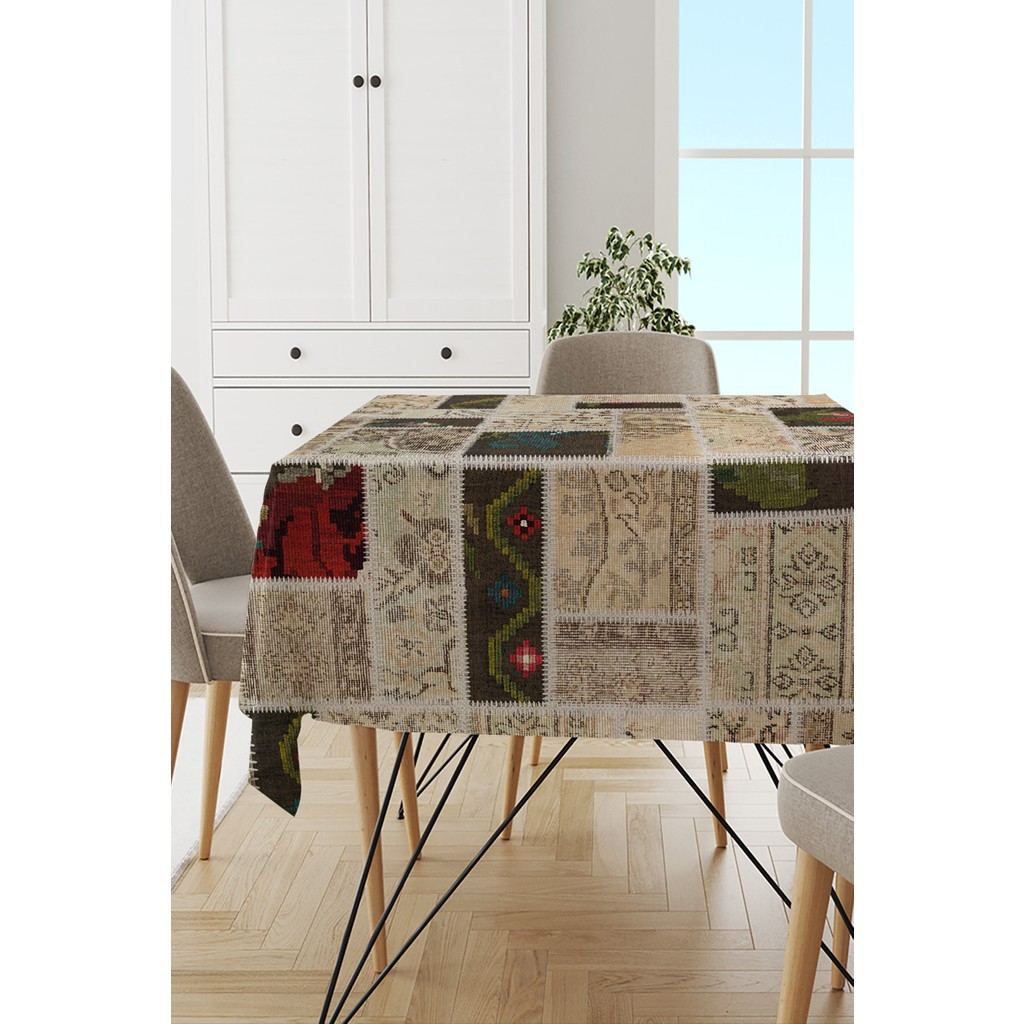RugViva Leke Tutmayan Dokuma Elit Yıkanır Leke Tutmayan Kumaş Patchwork Kırk Yama Masa Örtüsü MSO289 - 140 x 100 cm - Krem - Kahverengi Diğer Fiyatı