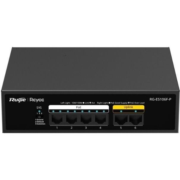 Ruijie-Reyee RG-ES106F-P 4 Port Poe+ 10-100-1000 Mbps+2 Port 10-100 Mbps Uplink Switch Switchler Fiyatı