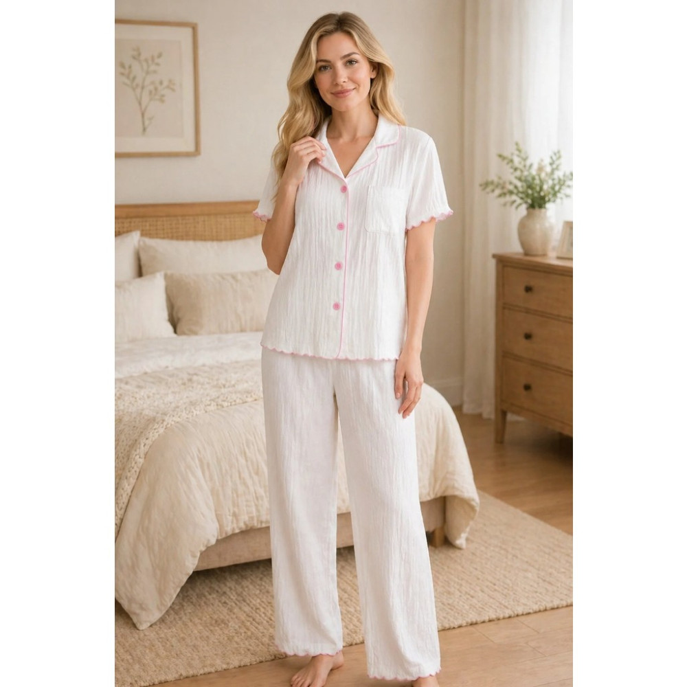 Rukod Kadın Beyaz Cepli Viskon Gömlek Yaka Düğmeli Ara Biye Detaylı Pijama Lohusa Çeyiz Takımı Kadın Pijama Fiyatı
