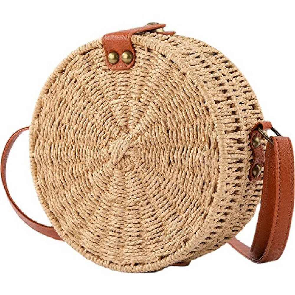 Runuohong Hasır Çanta Kadın Yuvarlak Plaj Çantası Sahil Tatil Sanat Retro Çanta Retro Basit Messenger Dokuma Çanta (Yurt Dışından) Bayan Çanta ve Cüzdan Fiyatı