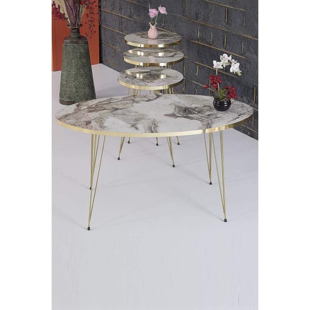 Rupon Home 3 Lü Zigon Orta Sehpa Set Elips Efes Mermer Desenli Gold Metal Ayak Orta Sehpa Fiyatı