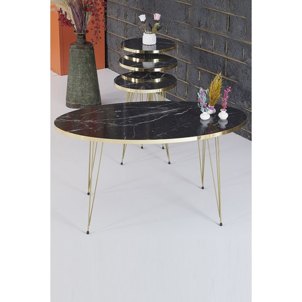 Rupon Home 3 Lü Zigon Orta Sehpa Set Elips Siyah Mermer Desenli Gold Metal Ayak Orta Sehpa Fiyatı