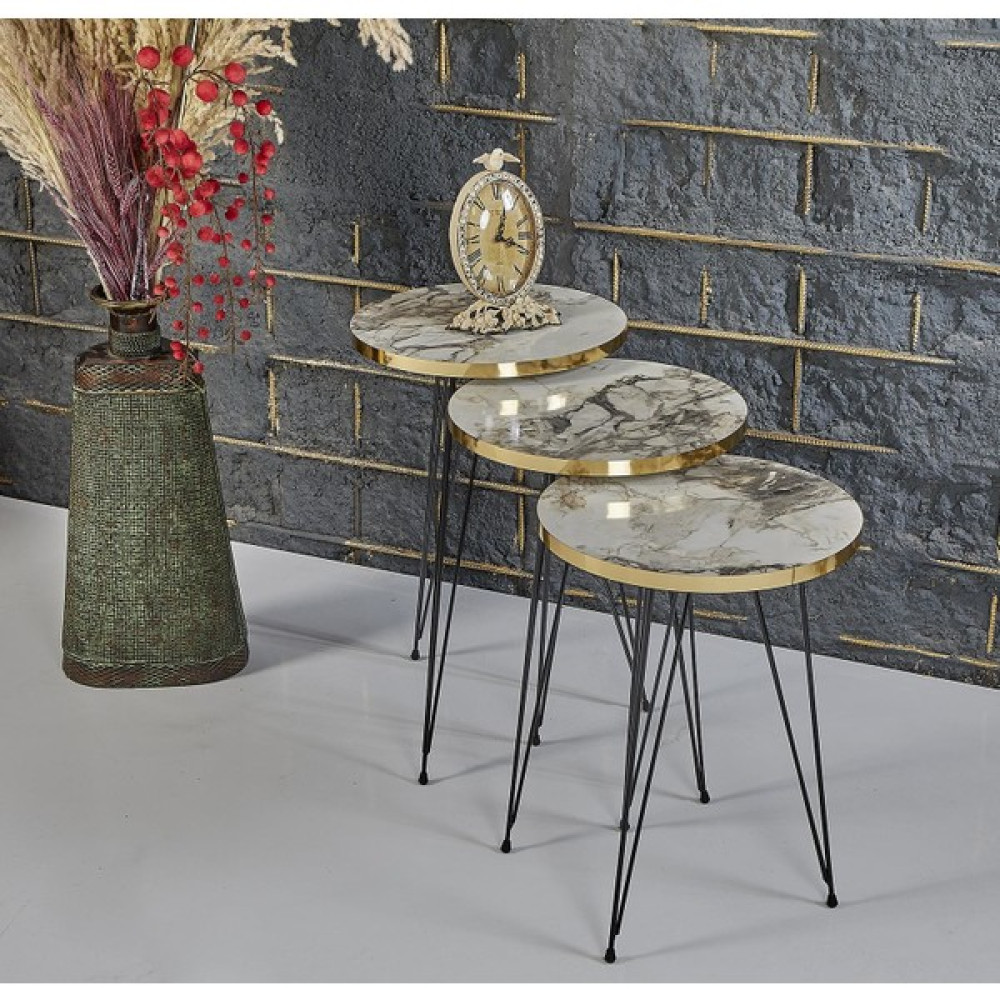 Rupon Home 3 Lü Zigon Sehpa-Gri Mermer Desenli Gold - Gold-Gri Zigon Sehpa Fiyatı