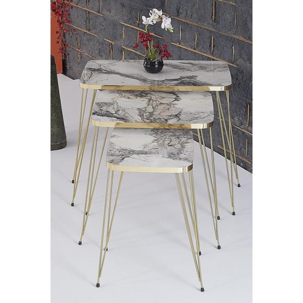 Rupon Home 3 Lü Zigon Sehpa- Kare Efes Mermer Desenli Gold Metal Ayak Zigon Sehpa Fiyatı