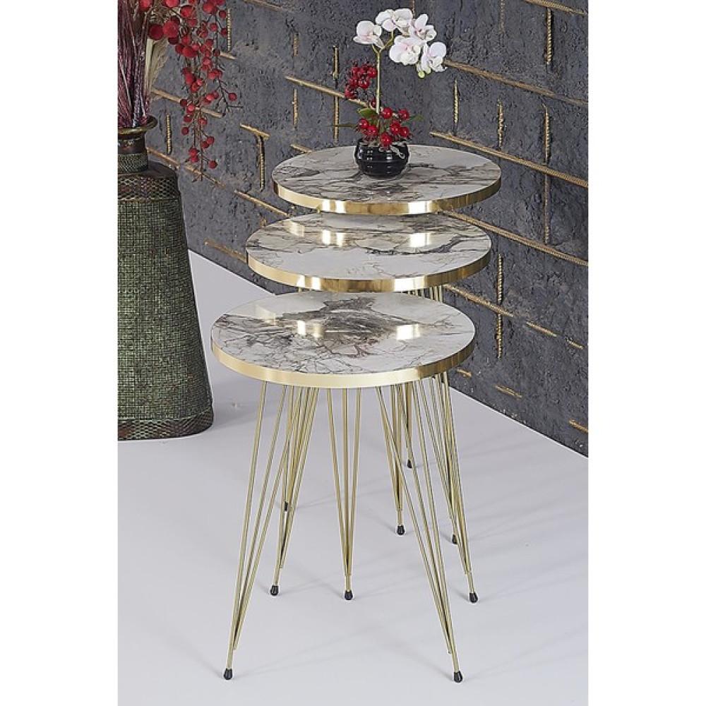 Rupon Home 3 Lü Zigon Sehpa- Yuvarlak Efes Mermer Desenli Gold Metal Ayak Zigon Sehpa Fiyatı