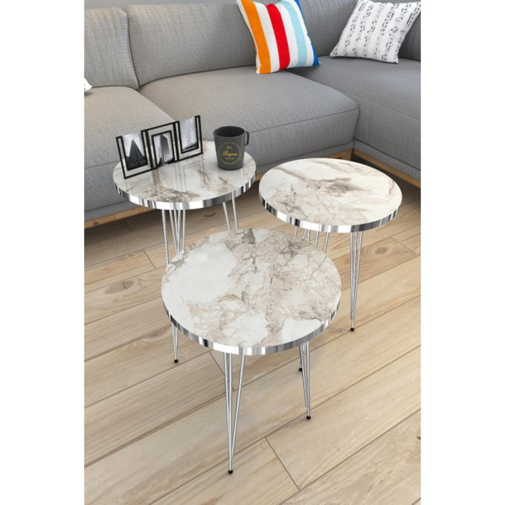 Rupon Home Decor Zigon Sehpa Takım Yuvarlak-Efes Mermer Desenli Gümüş Metal Ayak - Beyaz - Gümüş Zigon Sehpa Fiyatı