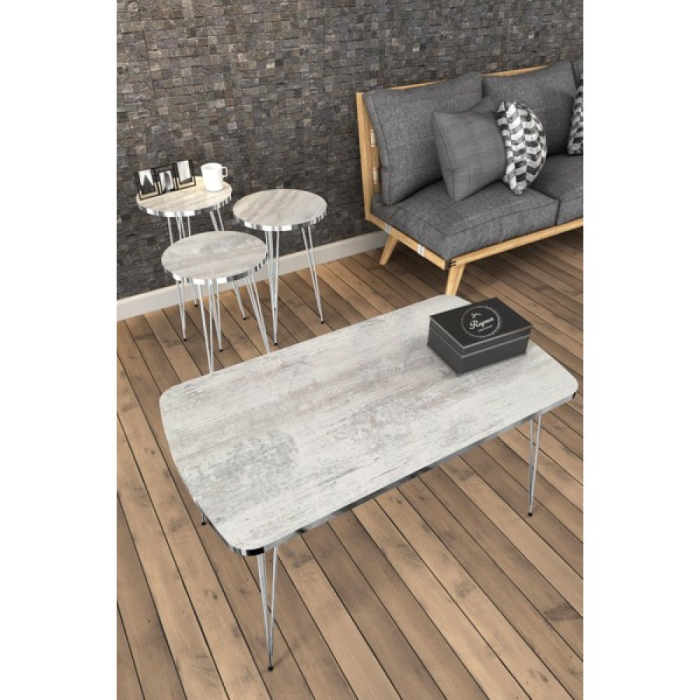 Rupon Home Decor Zigon ve Orta Sehpa Set Takım Dikdörtgen-Antik Beyaz Desenli Gümüş Metal Ayak Zigon Sehpa Fiyatı