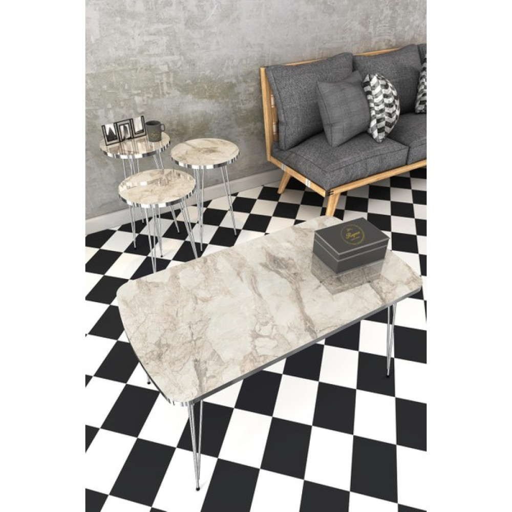 Rupon Home Decor Zigon ve Orta Sehpa Set Takım Dikdörtgen-Efes Mermer Desenli Gümüş Metal Ayak - Beyaz - Gümüş Zigon Sehpa Fiyatı