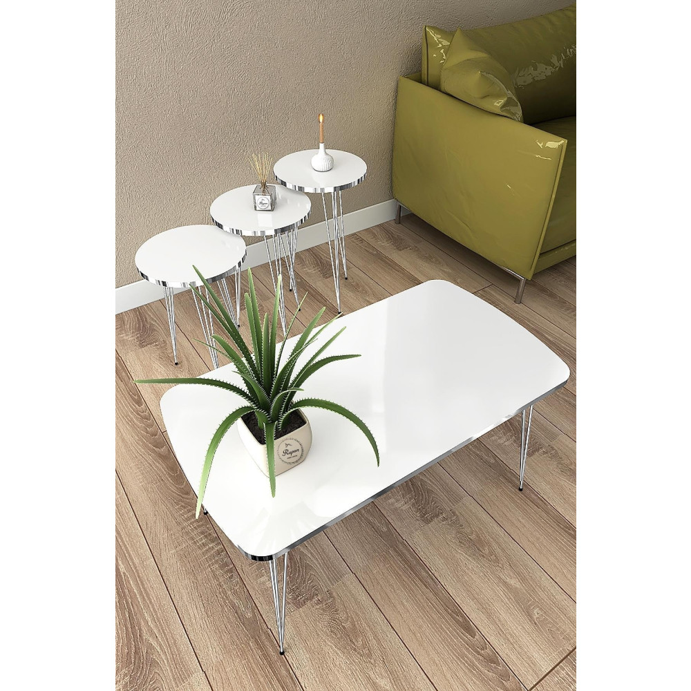 Rupon Home Decor Zigon Ve Orta Sehpa Set Takım Dikdörtgen-parlak Beyaz Gümüş Metal Ayak Zigon Sehpa Fiyatı