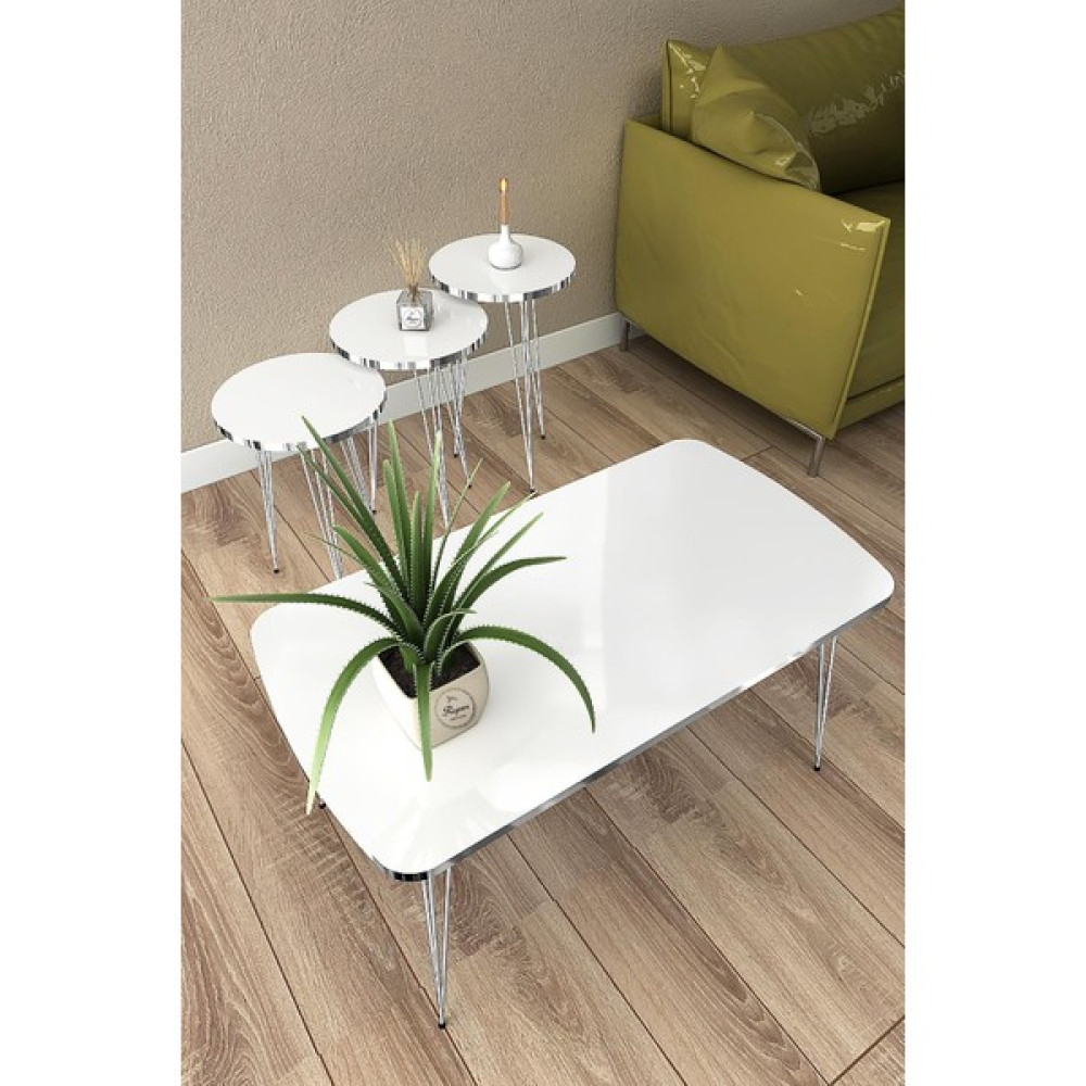 Rupon Home Decor Zigon ve Orta Sehpa Set Takım Dikdörtgen-Parlak Beyaz Gümüş Metal Ayak - Beyaz - Gümüş Zigon Sehpa Fiyatı