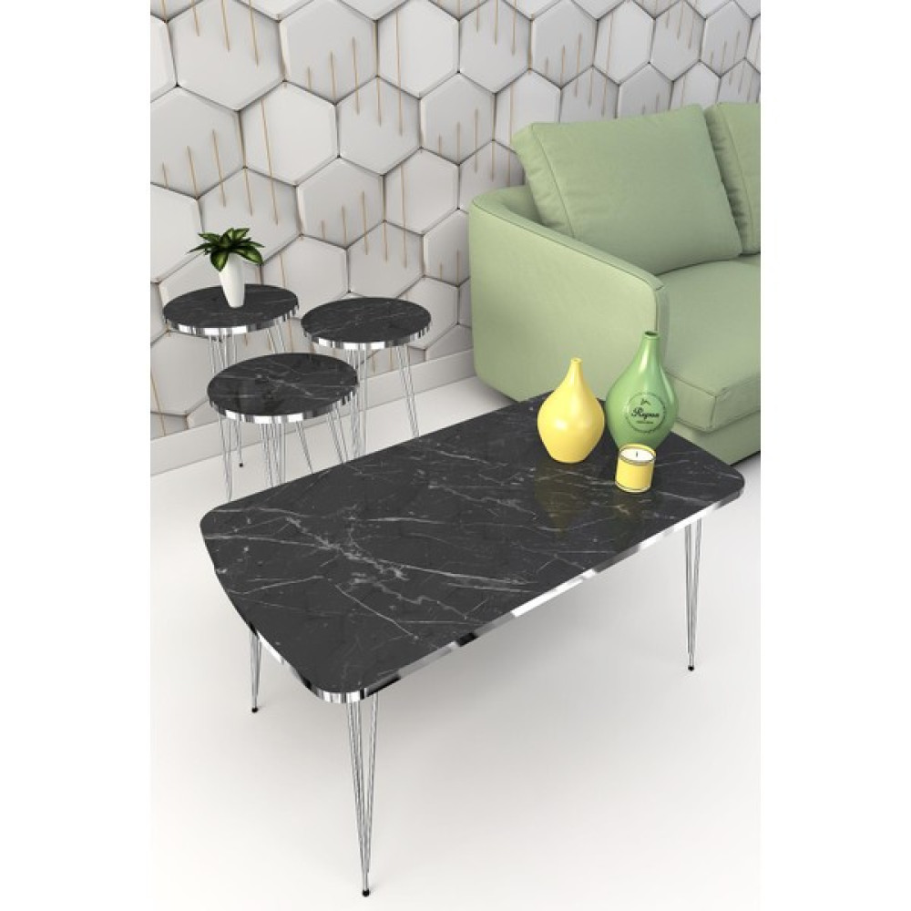 Rupon Home Decor Zigon ve Orta Sehpa Set Takım Dikdörtgen-Siyah Mermer Desenli Gümüş Metal Ayak - Siyah -Gümüş Zigon Sehpa Fiyatı