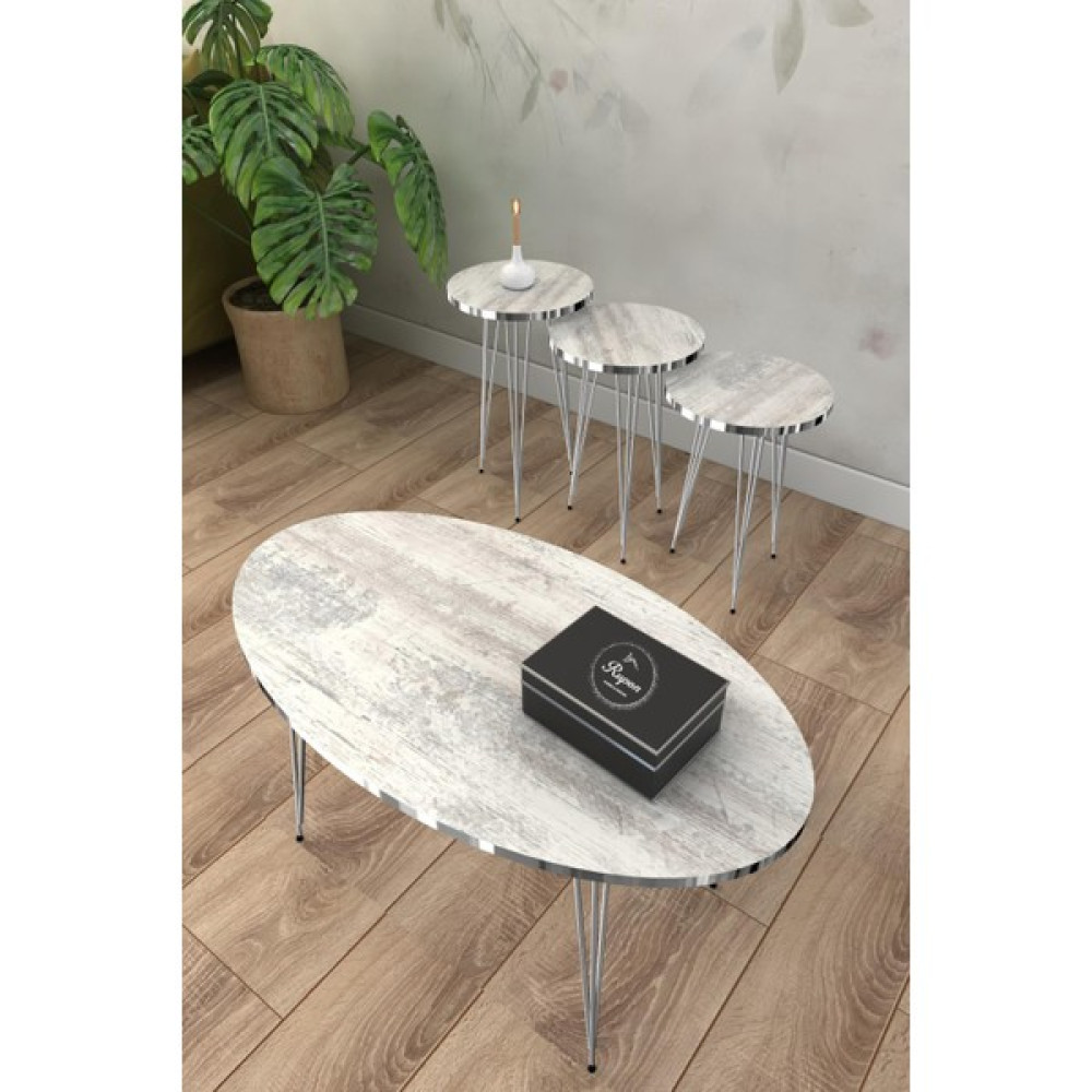 Rupon Home Decor Zigon ve Orta Sehpa Set Takım Elips-Antik Beyaz Desenli Gümüş Metal Ayak - Beyaz - Gümüş Zigon Sehpa Fiyatı