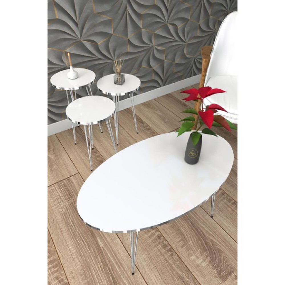 Rupon Home Decor Zigon ve Orta Sehpa Set Takım Elips-Parlak Beyaz Gümüş Metal Ayak - Beyaz - Gümüş Zigon Sehpa Fiyatı