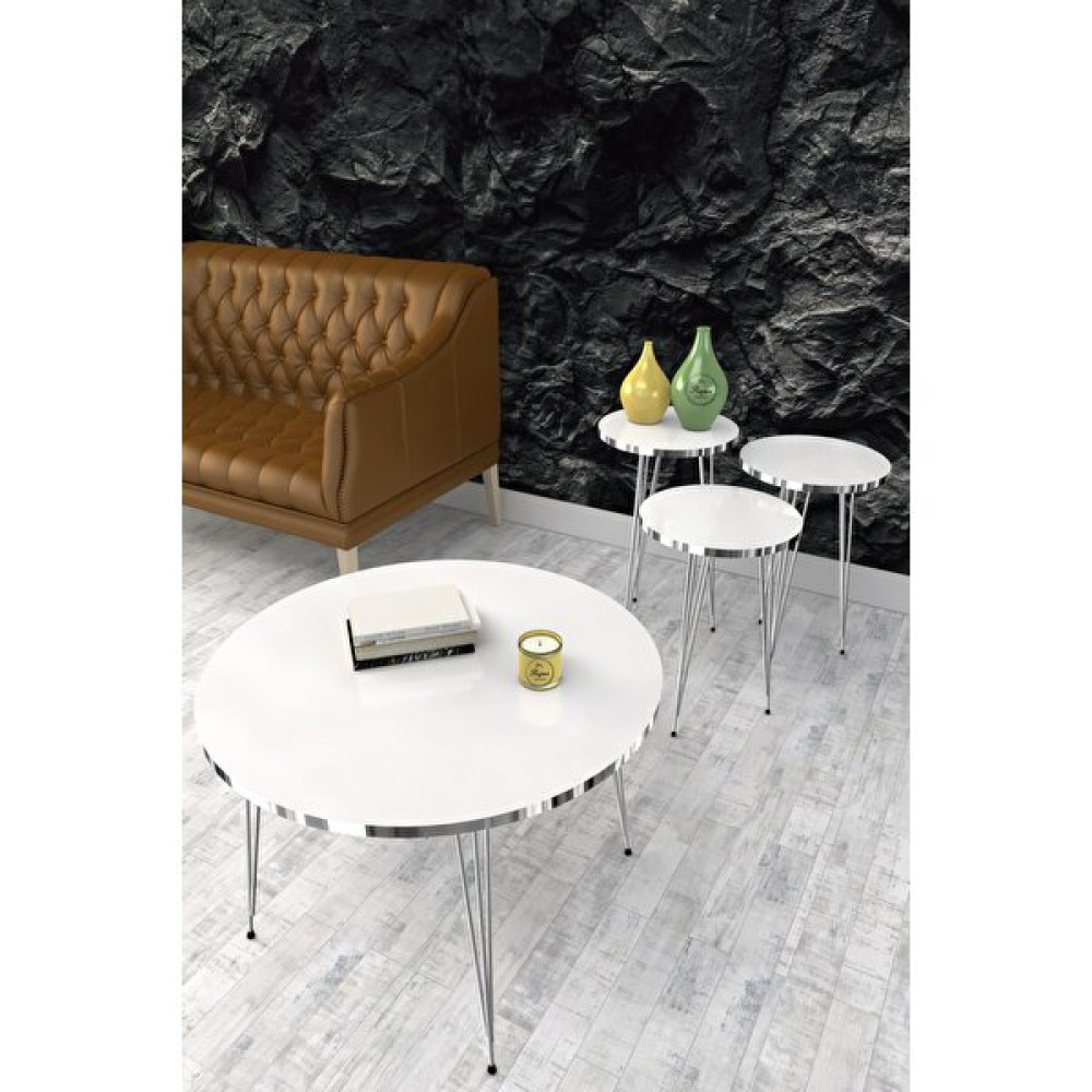 Rupon Home Decor Zigon ve Orta Sehpa Set Takım Yuvarlak-Parlak Beyaz Gümüş Metal Ayak Zigon Sehpa Fiyatı