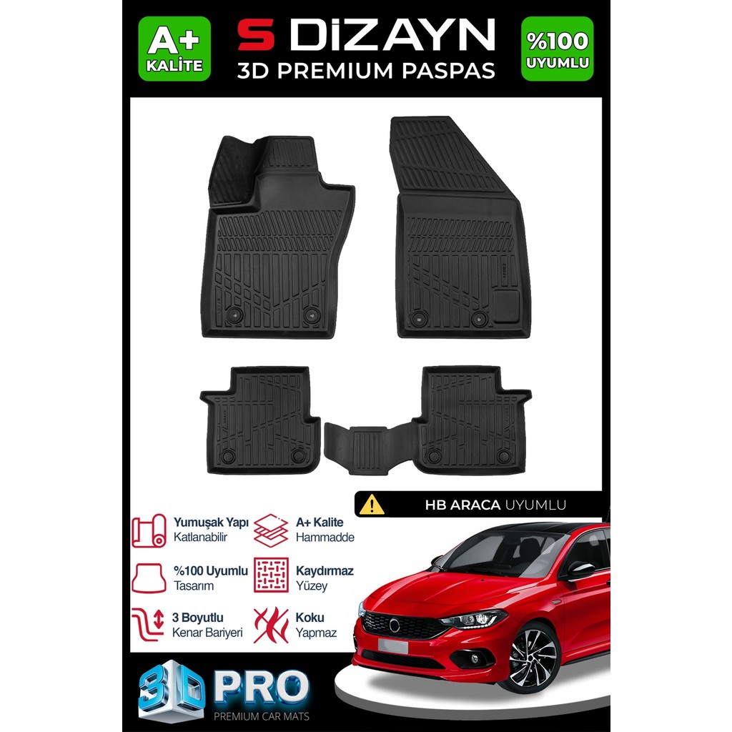 S-Dizayn Fiat Egea Hb 3D Pro Havuzlu Paspas 2015 Üzeri A+ Kalite 3DS-SDZ243 - Siyah Araca Özel Paspaslar Fiyatı
