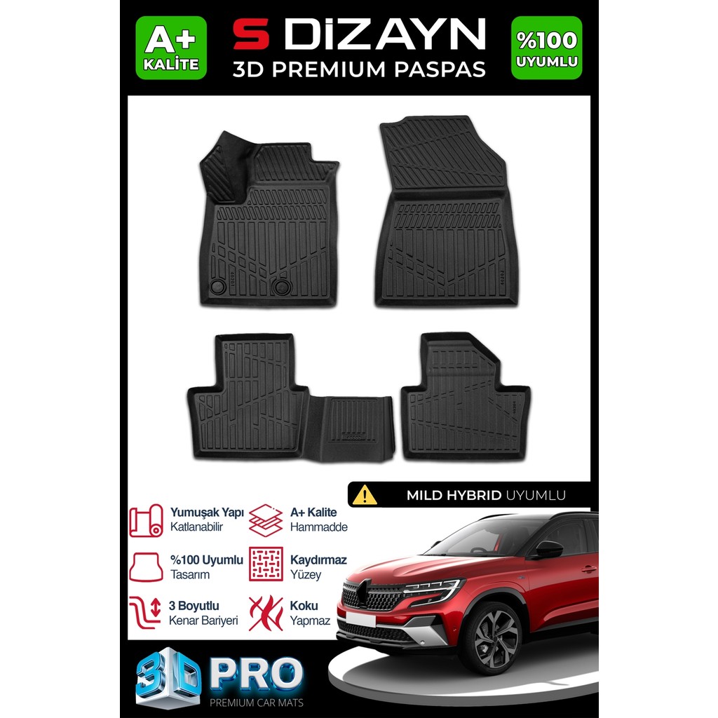S-Dizayn Renault Austral Mild Hybrid 3D Pro Havuzlu Paspas 2023 Üzeri A+ Kalite - Siyah Araca Özel Paspaslar Fiyatı
