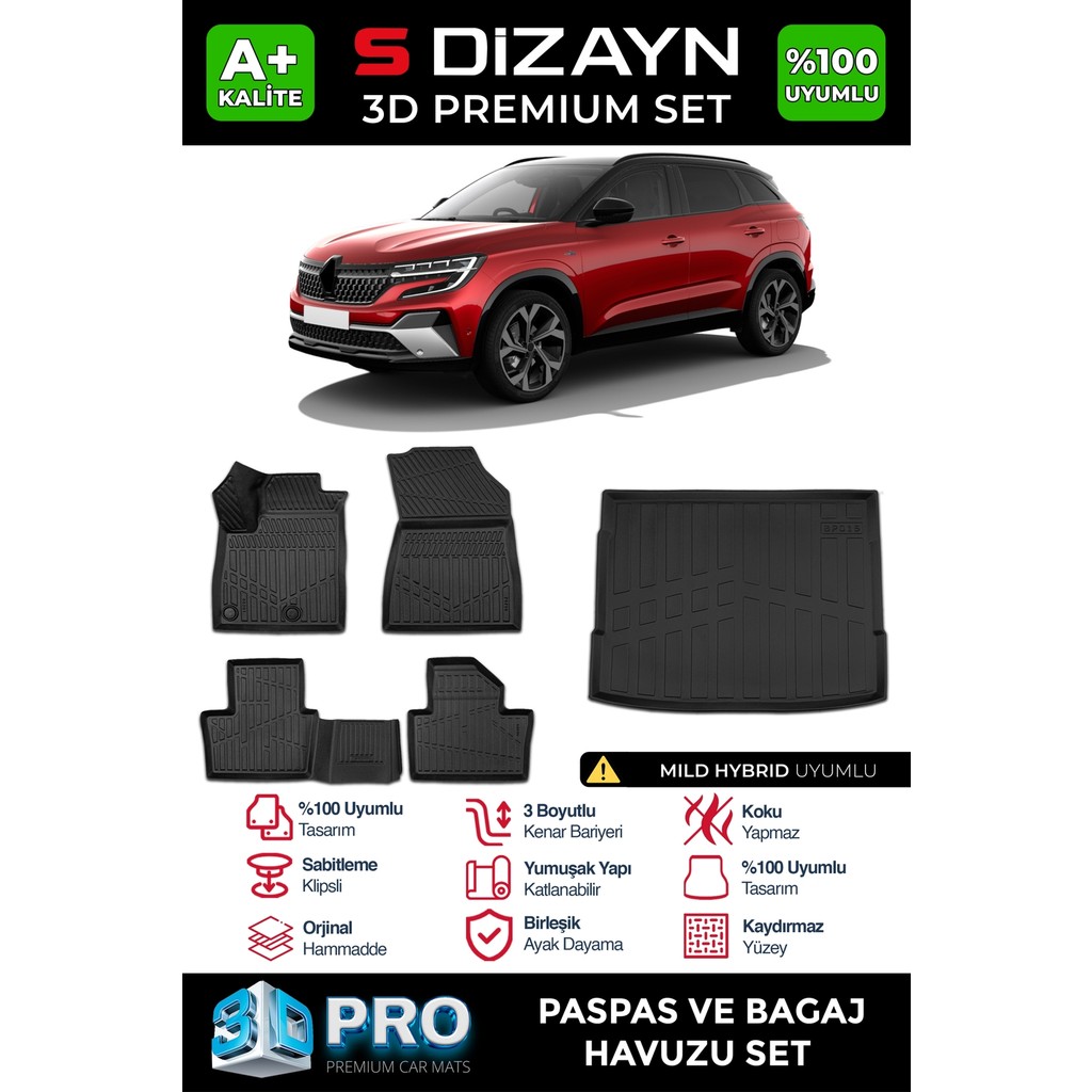 S-Dizayn Renault Austral Mild Hybrid 3D Pro Havuzlu Paspas ve Bagaj Havuzu Seti (2'li Set) 2023 Üzeri A+ Kalite - Siyah Araca Özel Paspaslar Fiyatı
