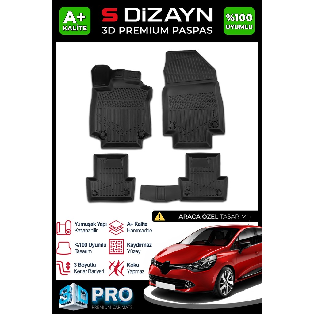 S-Dizayn Renault Clio 4 3D Pro Havuzlu Paspas 2012-2019 A+ Kalite 3DS-SDZ199 - Siyah Araca Özel Paspaslar Fiyatı