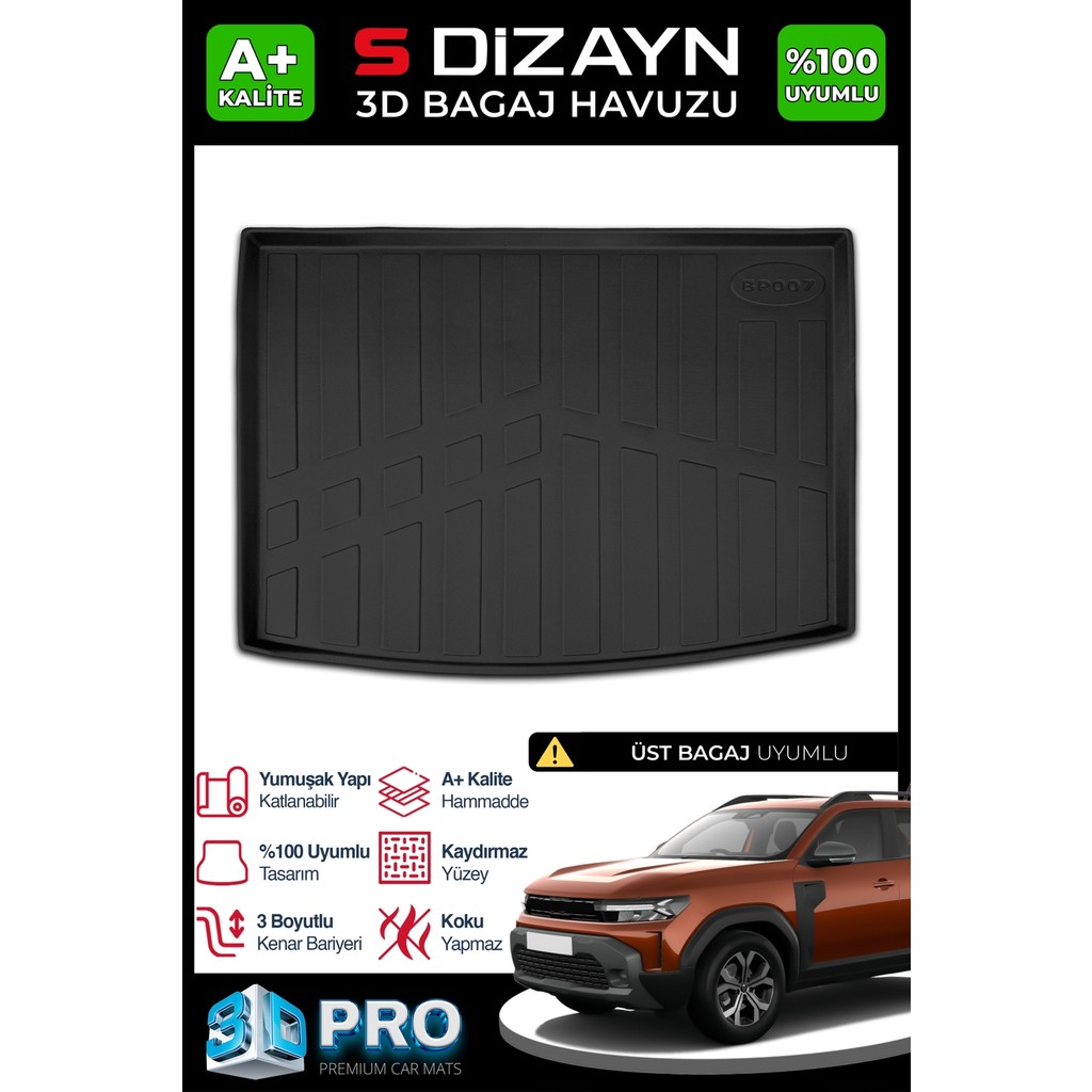 S-Dizayn Renault Duster 4X4 3D Pro Bagaj Havuzu Üst Bagaj 2024 Üzeri A+ Kalite - Siyah Oto Paspas Fiyatı