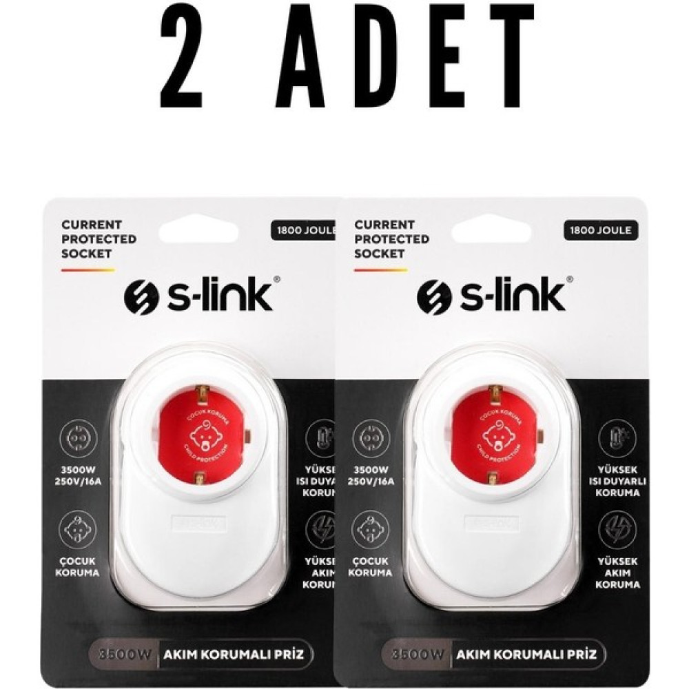 S -Link (2'li Set) Sl-08 16A 3500W 1800 Joule Isıya Duyarlı Devre ve Akım Korumalı Tekli Priz Prizler Fiyatı