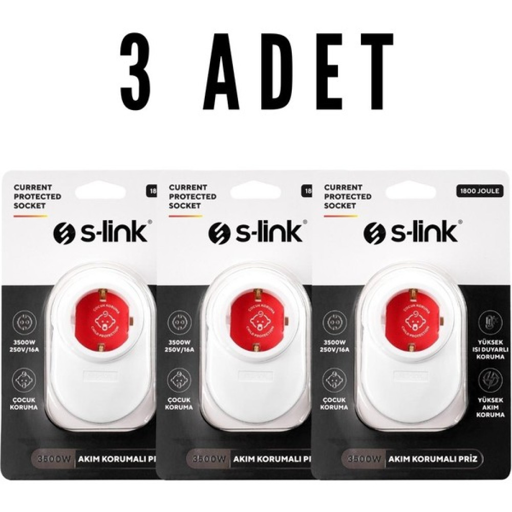 S-Link (3lü Set) Sl-08 16A 3500W 1800 Joule Isıya Duyarlı Devre ve Akım Korumalı Tekli Priz Prizler Fiyatı
