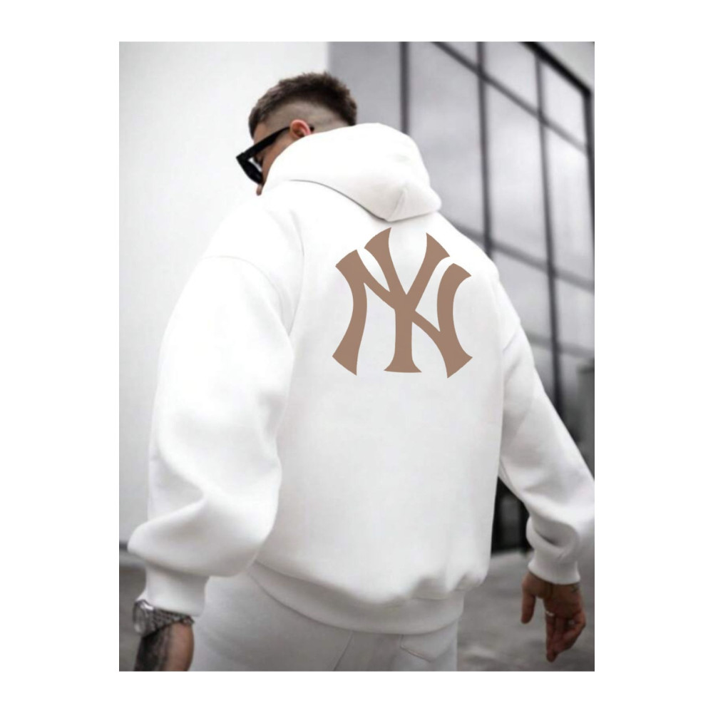 S&A DESIGN 3 İplik Şardonlu İçi Pamuklu Erkek Beyaz Ön Arka NY Baskılı Kapüşonlu Sweatshirt S Beden Bayan Sweatshirt Fiyatı